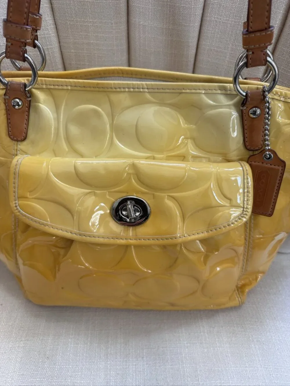 Coach Yellow Brown Leather Shoulder Bag Medium Patent Embossed Logo